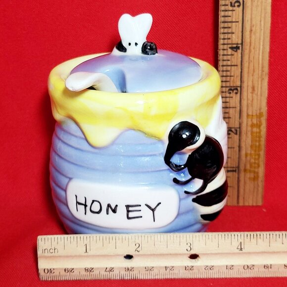 Honey Bee Honey Jar Porcelain Serving Spoon Blue Yellow Painted Ceramic - Picture 11 of 13